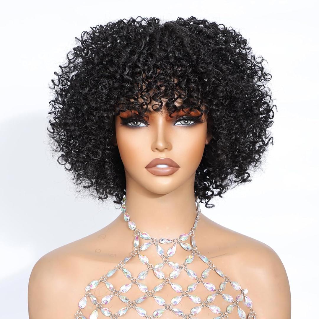 Black Spiral Curls Wigs Short 6 Inch Wig Glueless Wig with Bangs Kinky Curly Afro Wigs for Women Beginner Friendly 1B, 3C curls, Boucy and Chic