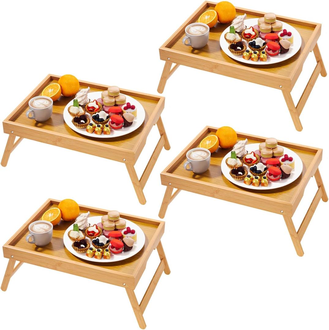 4 Pack Bamboo Bed Tray Table with Folding Legs,Breakfast Trays,Serving Tray for Food and Snack,Laptop Trays for Working(Natural)