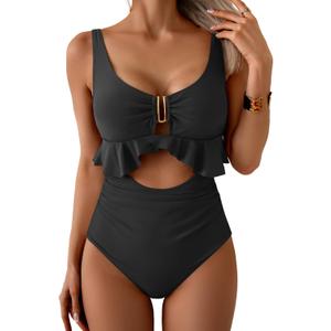 B2prity Womens One Piece Swimsuit Tummy Control Ruffled Bathing Suit V Neck Cutout Swim Suit Tie Back Swimwear (Black, S)
