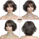 Dark Brown Short Curly Bob Wigs with Bangs Hair Replacement Wavy Synthetic Costume Heat Resistant Fiber for Women Daily Party Cosplay Use