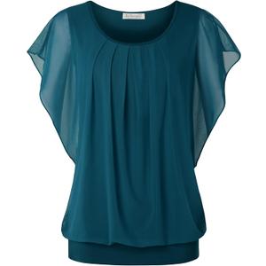 BAISHENGGT Womens Summer Tops Flutter Short Sleeve Pleated Front Mesh Shirts Dressy Casual Blouses (Large, Turquoise-solid)