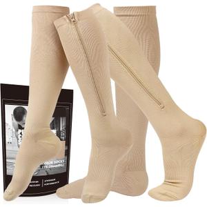 Zipper Compression Socks, 2 Pairs 15-20 mmHg Closed Toe Compression Stockings for Men Women (Large-X-Large, Beige)
