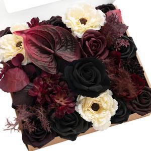 Ling's moment Fake Flowers Box, Faux Artificial Greenery Stems Foam Roses Dahlia Anthurium Silk Hydrangea Fabic Flower for Centerpieces Bouquet Wedding Vase Decorations, Burgundy & Black, Grand Combo
