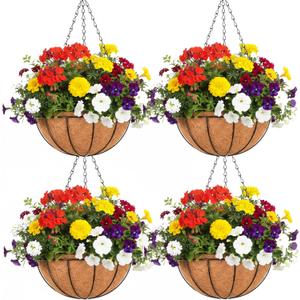 EIMQUVW Outdoor Metal Hanging Planters Basket (4pack, 8 inch) Hanging Baskets for Plants Chain Round Wire Plant Holder with Coco Fiber Liners for Garden, Patio, Deck, Porch