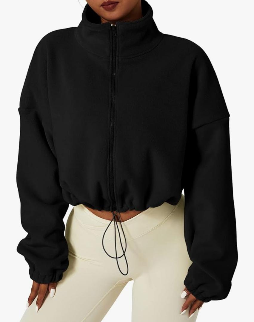 QINSEN Women's Full Zip Fleece Short Jacket Warm Winter Long Sleeve Stand Collar Sherpa Crop Coat, Small
