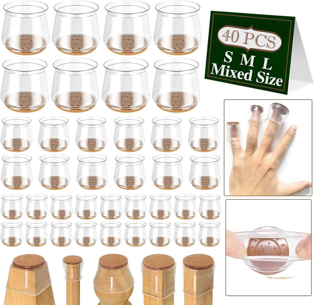 40 Pcs, Chair Leg Floor Protectors for Hardwood Floors, Felt Furniture Pads Silicone Chair Socks Leg Caps Covers, Furniture Protectors (20-Small,12-Medium, 8-Large Assorted Size Fit Diameter 0.6"-3.2") (20S-12M-8L)