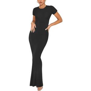 REORIA Women's Basic Summer Casual Lounge Long Dress Elegant Short Sleeve Crew Neck Bodycon Maxi Dresses (X-Small, Black)
