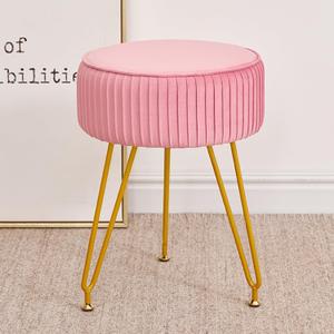 Velvet Vanity Stool, Modern Ottoman Foot Rest Stool with Adjustable Golden Legs, Makeup Chair for Vanity, Multifunctional Small Vanity Chair for Bedroom, Pink