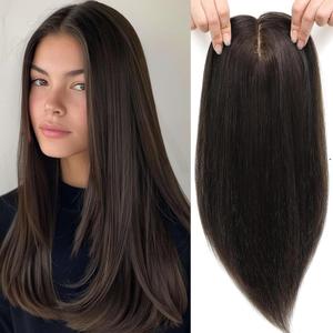 Hair Toppers for Women Real Human Hair Remy Human Hair Topper 8x7.5inch Skin Scalp Hair Pieces for Women Real Human Hair Topper Human Hair Toppers for Women No Bangs 15inch (Dark Brown)