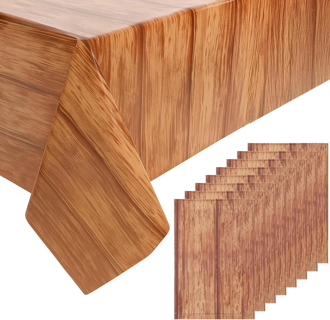 8 Pcs Wood Grain Tablecloth, 54x108 Inch Brown Plastic Table Covers, Disposable Rustic Western Table Cloth for Barn Themed Birthday Party Decor