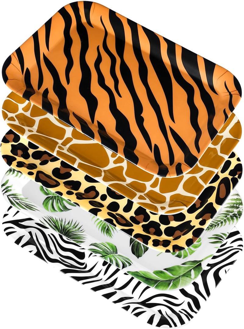 Rtteri 5 Pcs Jungle Safari Wild Animal Platter 12 x 8 Inch Jungle Zoo Animal Print Plates Tray Wild Animal Party Supplies for Jungle Safari Themed Baby Showers Birthday Party Decorations