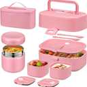 Pawtong Bento Lunch Box with 8oz Soup Thermo, Kids Sustainable Bento Box Leakproof Lunch Food Containers with Lunch Bag, Kids Thermo Insulated Hot Food Jar for School, Trvael (Pink)