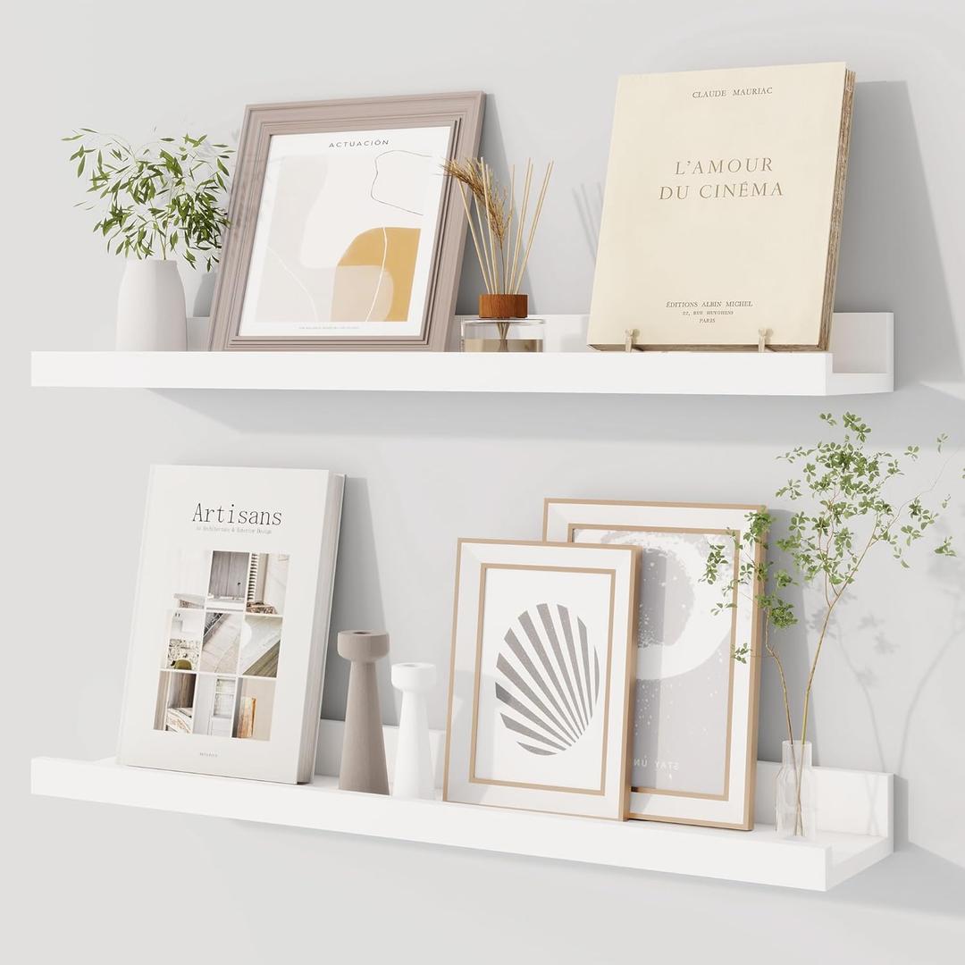 Dreamland Picture Ledge Shelf for Wall, Floating Shelves Set of 2, 24 Inch Long Floating Shelves with Lip for Living Room, Bedroom, Bathroom, Kitchen, White