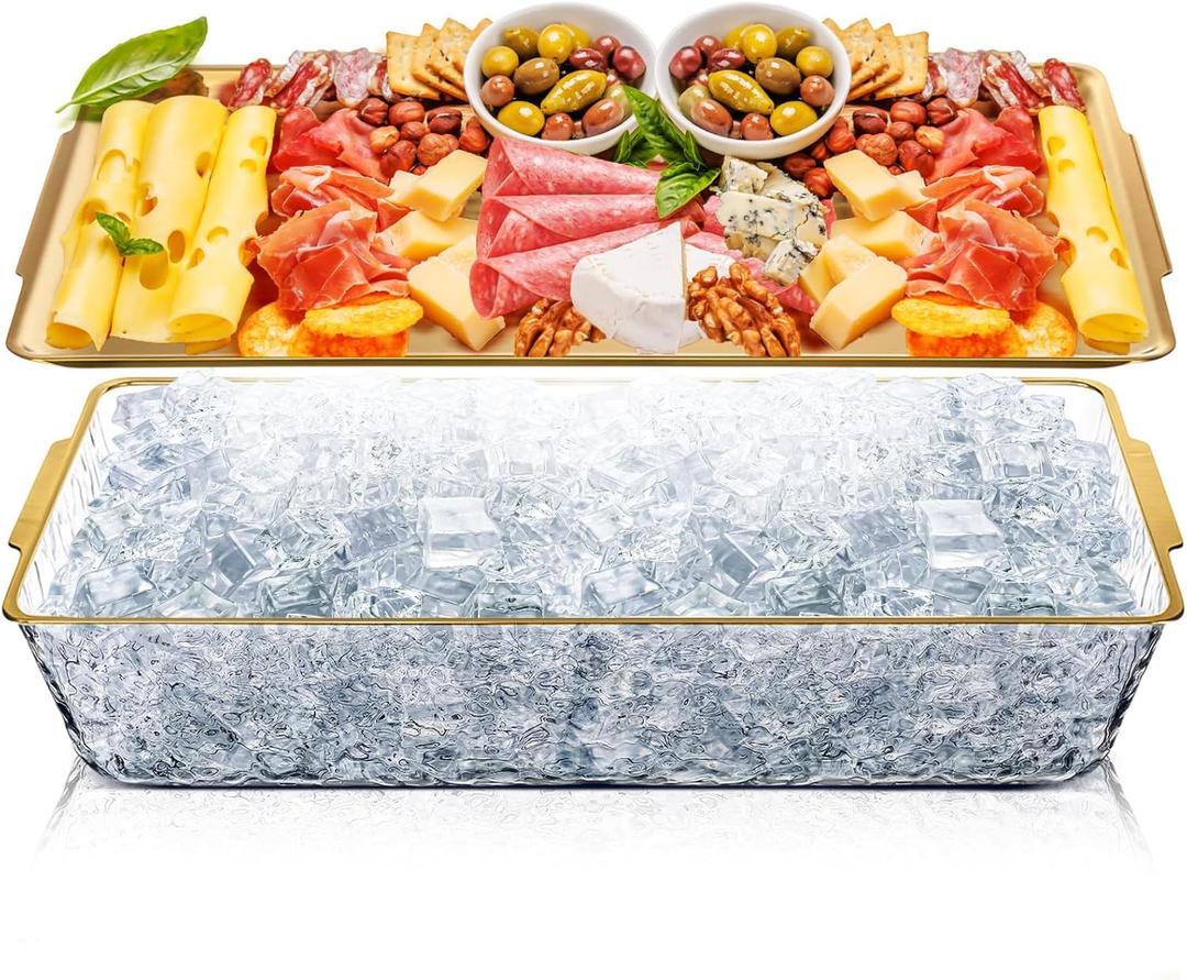Baderke 1 Set 16" x 9'' Chilled Serving Tray for Parties with Compartments Rectangle Serving Dish Ice Charcuterie Party Platter for Shrimp Fruit Seafood Vegetable Appetizer (Gold)