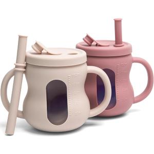 100% Silicone Baby Training Cup 2PCS See-through Toddler 5OZ Straw Drinking Cups for Infants 6 Months+ (Pink and Beige)