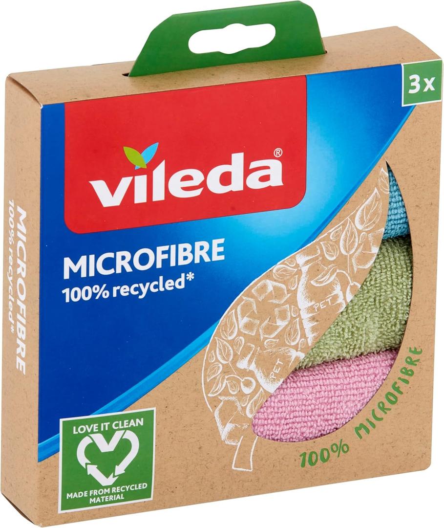 Vileda Microfibre Recycled 3 Cloths, Multicolor, Polyester, 3 Units (Pack of 1)