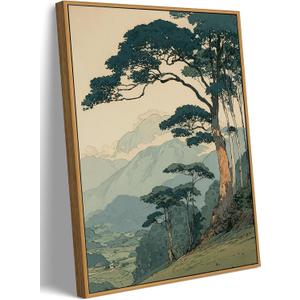 Framed Vintage Japanese Wall Art, Pine Tree Forest Canvas Print 16x24 Inch