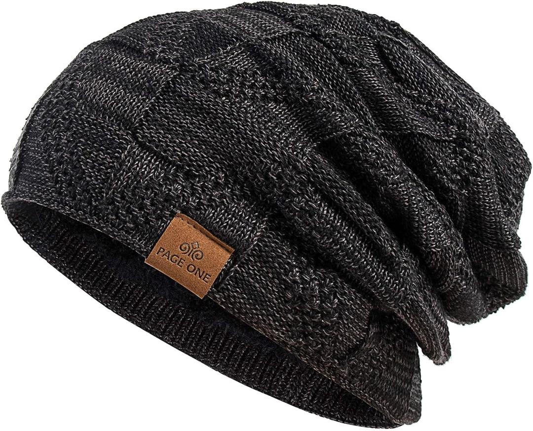 PAGE ONE Mens Winter Slouchy Beanie Warm Fleece Lined Skull Cap Baggy Cable Knit Hat (Black)