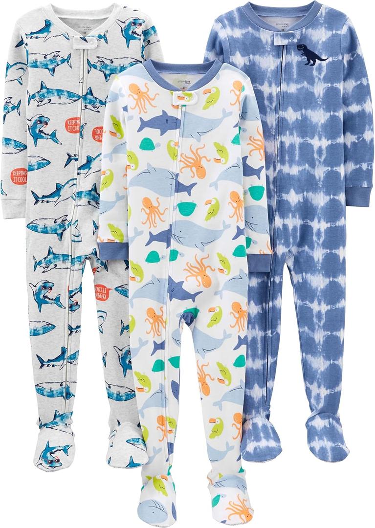 Simple Joys by Carter's baby-boys 3-pack Snug Fit Footed Cotton Pajamas (Sea Life/Shark/Tie Dye)