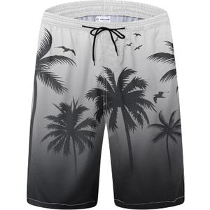 Mens Swim Trunks Quick Dry Board Shorts with Mesh Lining, Breathable Fit Hawaii Beach Shorts Swimwear Bathing Suits (3X-Large, Black Grey Palm)