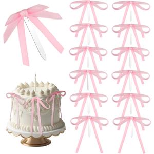 2 x Teenyyou 12 Pcs Pink Bow Ribbon Cake Toppers 5 x 7 Inches Satin Bowknot Cake Toppers Coquette Birthday Party Decorations for Wedding Bridal Baby Shower Bachelorette Party Supplies