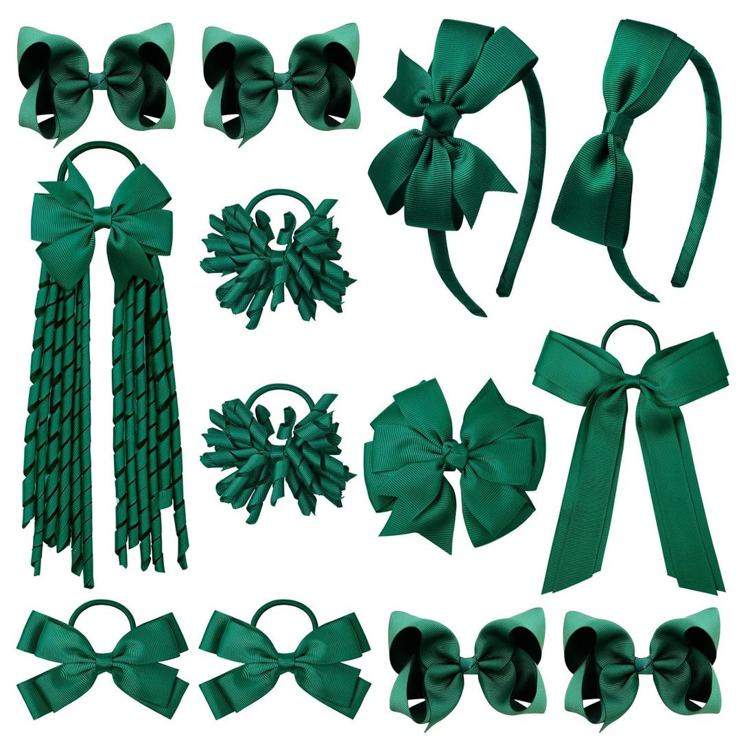 DEEKA Dark Green School Hair Accessories Set 13 Pcs Uniform Hair Bow Headband Clips Hair Ties Curly Korker Bows for Little Toddler School Girls (Dark Green)