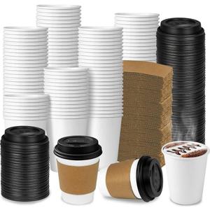 Ginkgo 100-Pack 8 oz Thickened Disposable Coffee Cups with Lids and Sleeves, To Go Cups for Hot Beverages, Perfect for Hot Coffee, Cocoa, and Chocolate