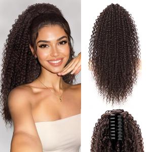 Isaic Ponytail Extension, 20 inch Curly Claw Clip in Ponytail Voluminous Synthetic Hairpiece for Daily Use(Dark Brown)
