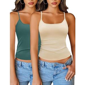 Totatuit 2PCS Summer Tank Tops for Women 2025 Basic Spaghetti Straps Camisoles Scoop Neck Sleeveless Cami Shirts for Under Clothes Nude+Green L