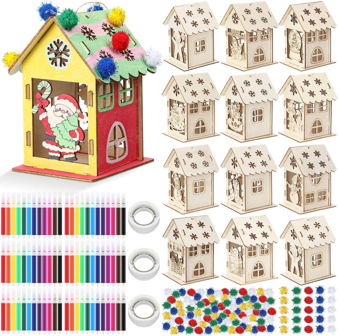 Yookeer 12 Sets Wooden Christmas Gingerbread House Craft Kit Bulk DIY Christmas Gingerbread Village Houses to Paint Set Cutting Wood 3D Puzzle with Watercolor Pens Pompoms Party Supplies Gift Decor
