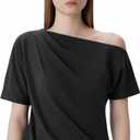 SUUKSESS Off the Shoulder Tops for Women Short Sleeve Asymmetrical Top Trendy Summer Going Out T-Shirts (Black, S)