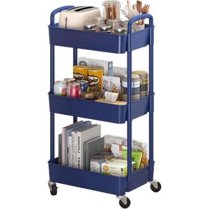 Sywhitta 3-Tier Plastic Rolling Utility Cart with Handle, Multi-Functional Storage Trolley for Office, Living Room, Kitchen, Movable Storage Organizer with Wheels, Blue