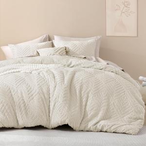 Litanika King Size Comforter Set Beige, 3 Pieces Cream Tufted Boho Farmhouse Bedding Comforter Sets, Lightweight Fluffy Comforter Bed Set for All Season (104x90In Comforter and 2 Pillowcases) (King (104"x90"), 01 - Beige)
