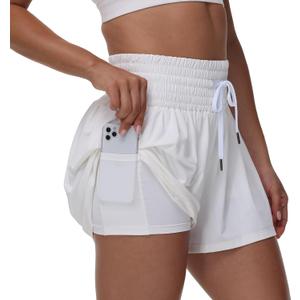 Blaosn Flowy Athletic Shorts for Women Gym Workout Running Short Pants High Waist Skort with Pocket Casual Summer Clothes (White, L)