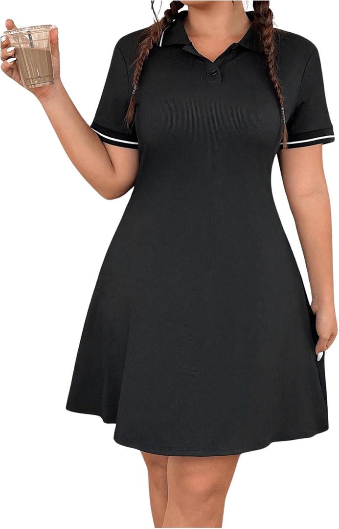 RoseSeek Women's Plus Size Football Jersey Dress Collared Golf Tennis Dress Button Front A Line Streetwear Dresses Black 1XL