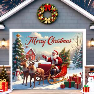 Christmas Garage Door Cover Decoration Outdoor, 8x7Ft Christmas Santa Claus Garage Buddy Door Cover with Sleigh Reindeer Rustic Farmhouse for Home Wall Window Patio Yard Outside Background