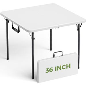 Folding Table, 36 Inch Square Foldable Card Table with Carrying Handle, Heavy Duty Fold-in-Half Portable Table No Assembly, Ideal for Picnic, Camping, RV Travel, Parties, BBQs, Crafting and Indoor Use