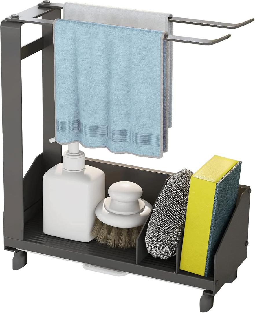 Rustproof Sink Caddy Sponge Holder-Can Hold Various Kitchen Gadgets and Small Items with Removable Drain Tray,Rotatable Dishcloth Rag Paper Towel Rack,No Drilling,Black,Aluminum+Carbon Steel