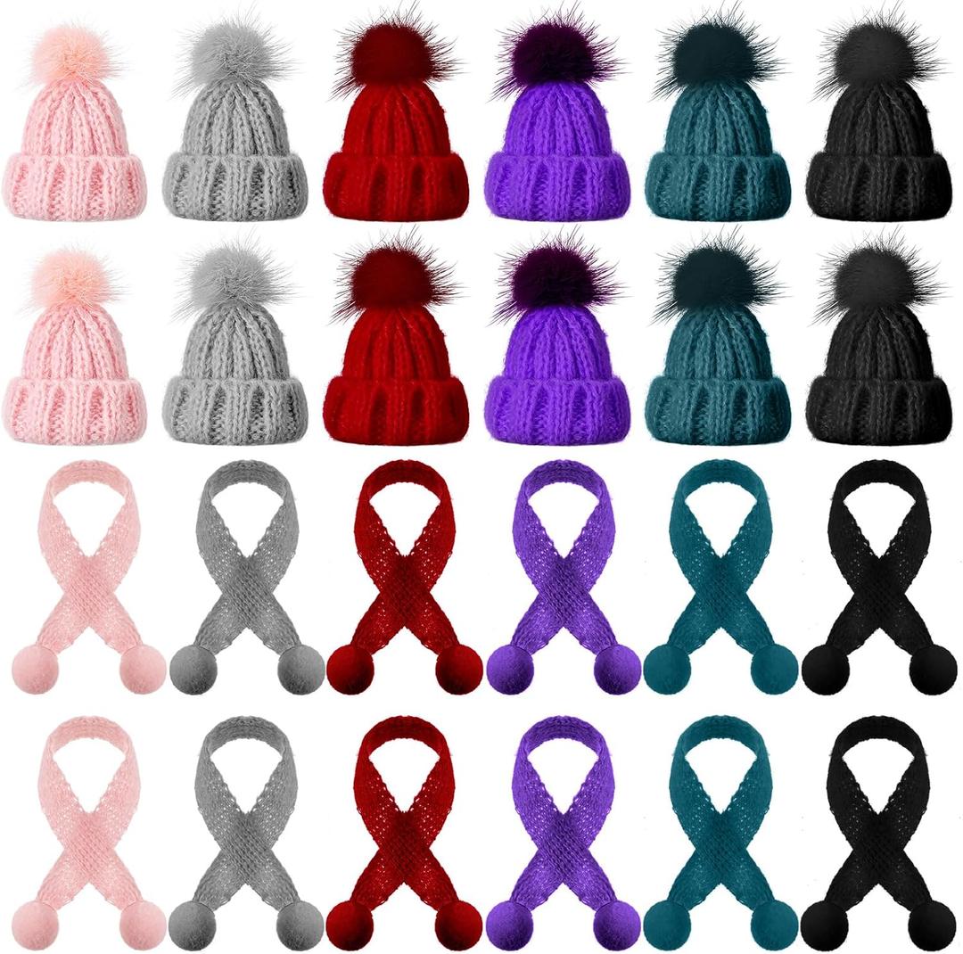 Bencailor 24 Pcs Mini Christmas Knitting Hats and Mini Christmas Scarf Set Knitting Doll Hat Scarf Santa Knit Hat Tree Ornaments for DIY Craft Art Doll Decoration (Multicolor)