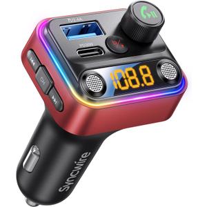 Syncwire Bluetooth 5.4 FM Transmitter Car Adapter 42W [Light Switch] [Stronger Dual Mics] [HiFi Deep Bass] [Fast Charging] Wireless FM Radio Music Adapter Hands-Free Calling Support USB Drive, Red