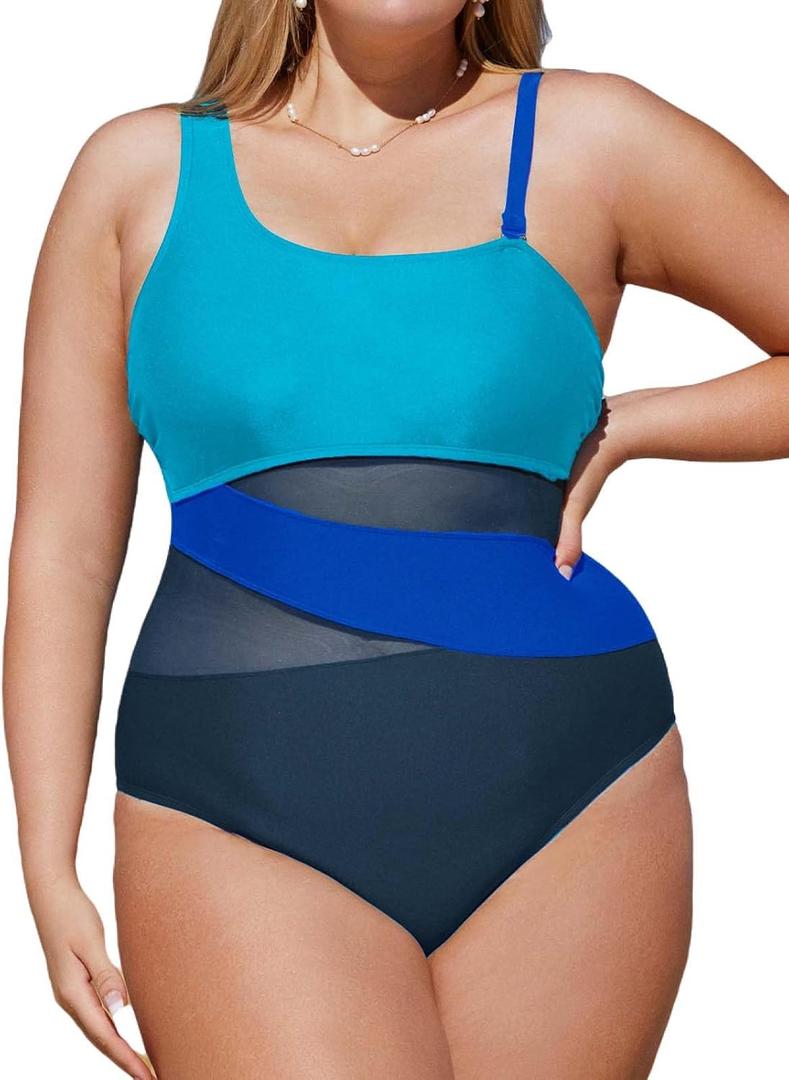 CUPSHE Women's Plus Size Swimsuit One Piece Bathing Suit Mesh Removable Straps Swimwear (XX-Large Plus, Cyan/Black/Blue)