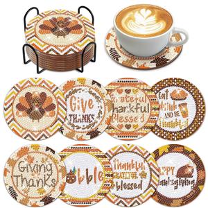 8 Pcs Thanksgiving Day Fall Diamond Coasters Kits with Holder DIY Thanksgiving Day Diamond Art Coaster for Adults Thanksgiving Fall Gift