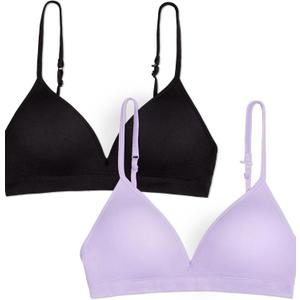 Fruit of the Loom Girls' Big Seamless Soft Cup Bra, 2-Pack, Lilac Whisper/ Black Hue, 28