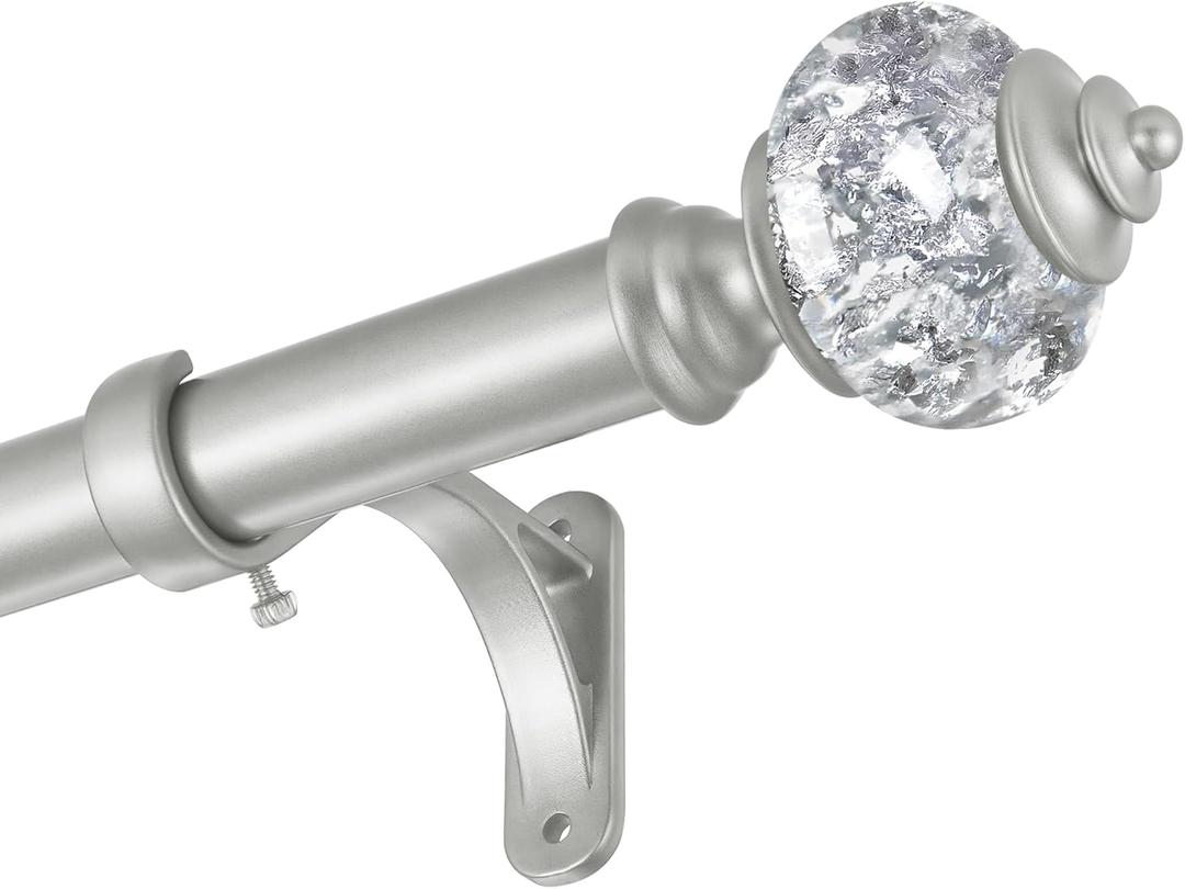 Heavy Duty Curtain Rods for Windows 32 to 58 Inch - 1 Inch Silver Curtain Rod - Adjustable Decorative Drapery Rods with Stacking Tower Translucent Finials and Aluminum Bracket