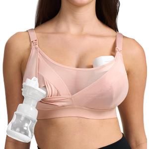 Momcozy Mesh Support Pumping Bra Hands Free Suitable for 36C-44G, Comfortable Plus Size Pumping and Nursing Bra in One (Oyster Pink)