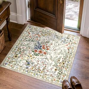 7x7 Vintage Floral Dining Room Rug - 7ft Square Low Pile Non Slip Machine Washable Area Rug, Indoor Carpet for Under Table/Bed Living Room Bedroom Office Nursery Entryway Playroom (7ft Square, Beige)