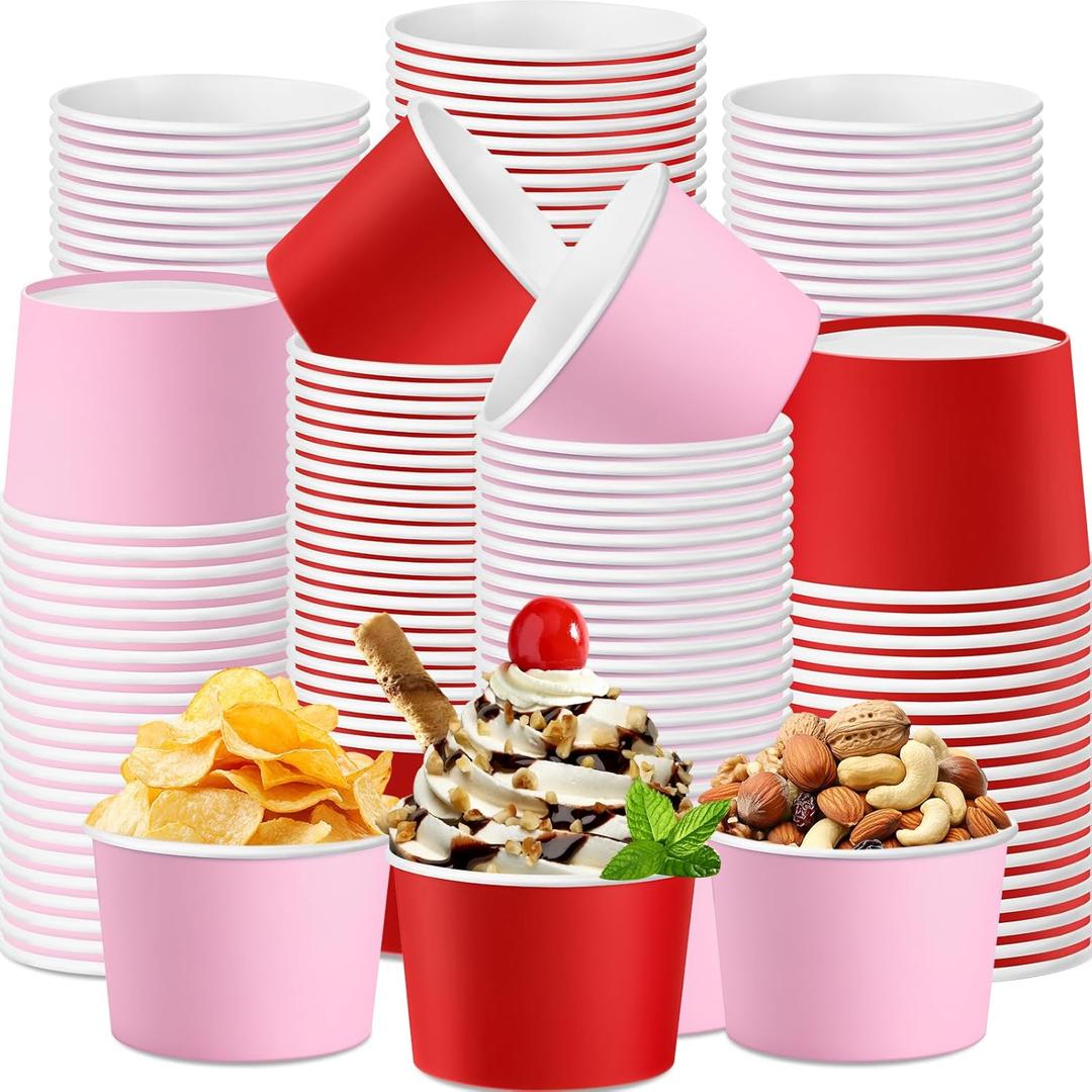 Umigy 60 Pcs Valentine Paper Ice Cream Cups 9 oz Red Pink Disposable Dessert Bowls Snack Paper Cups Soup Bowls Valentine Party Supplies for Hot or Cold Food Party Supplies