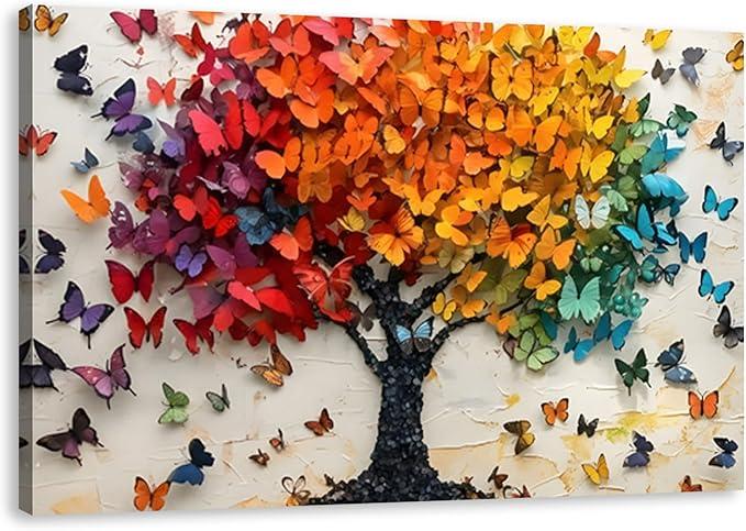 Colorful Butterfly Canvas Wall Art Print, Butterfly Tree Poster Wall Decor Painting, Tree of Life Picture for Wall Living Room Bathroom Bedroom Home Decoration 16 * 24 in Framed