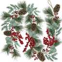 6' Long Christmas Artificial Pine Needle Garland Wired Rustic Twig Vine Birch with Assorted Faux Red Berries Eucalyptus Leaves Natural Pine Cones Fir Sprigs Holiday Season Winter Decor