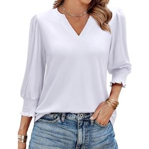 Uhiger Tunic Tops for Women 3/4 Length Sleeve Womens Tops V Neck Blouses Shirts Dressy Casual with Smocked Cuffs Size, M